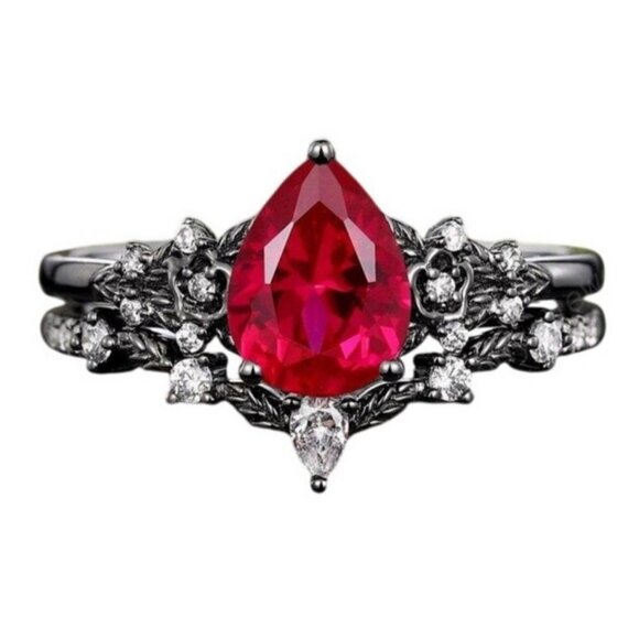 Pear Cut Ruby and Moissanite 2 piece Engagement Wedding Ring Set in Rhodium - Picture 1 of 6